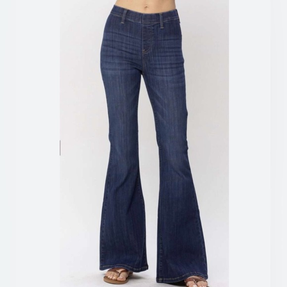 Judy Blue Denim - Judy Blue Dark Indigo Pull on Flare High Rise Denim Jeans Boho Stretch Size 27